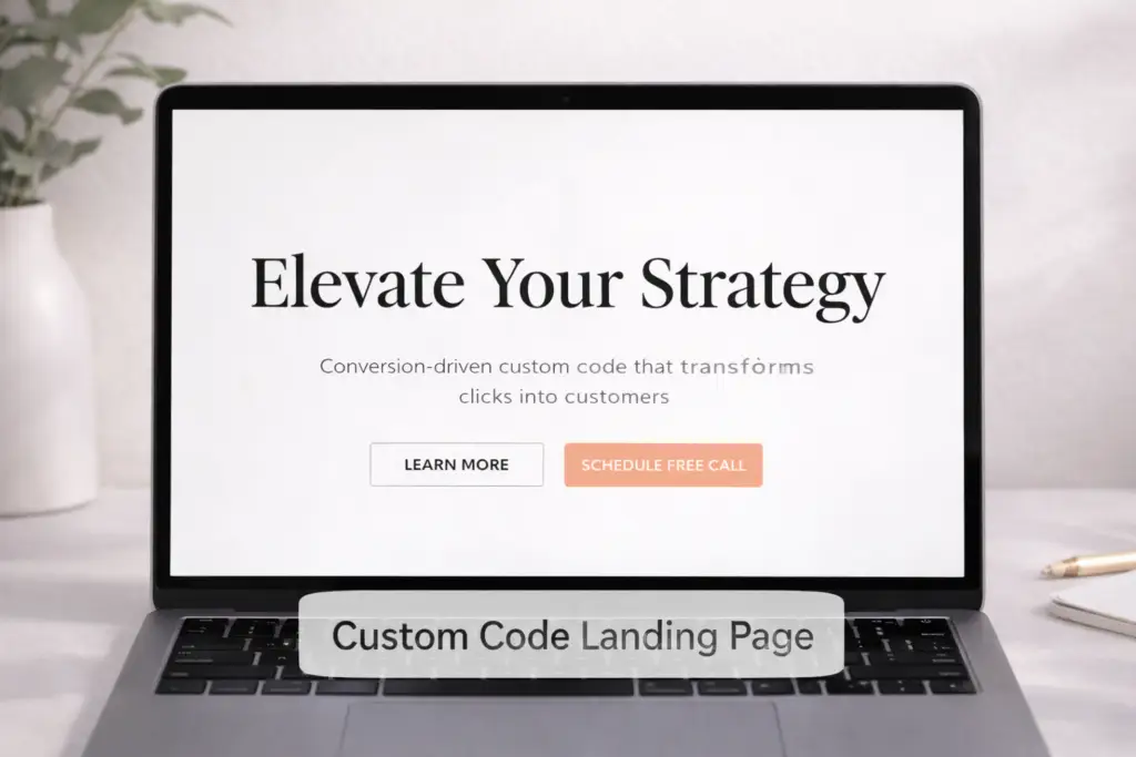 Custom coded landing page design with bold typography and minimal call-to-action buttons
