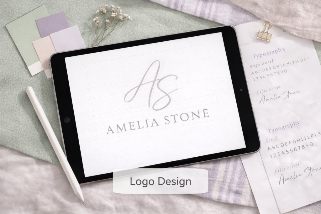 Logo design process shown on iPad with typography samples and sage and lilac color swatches
