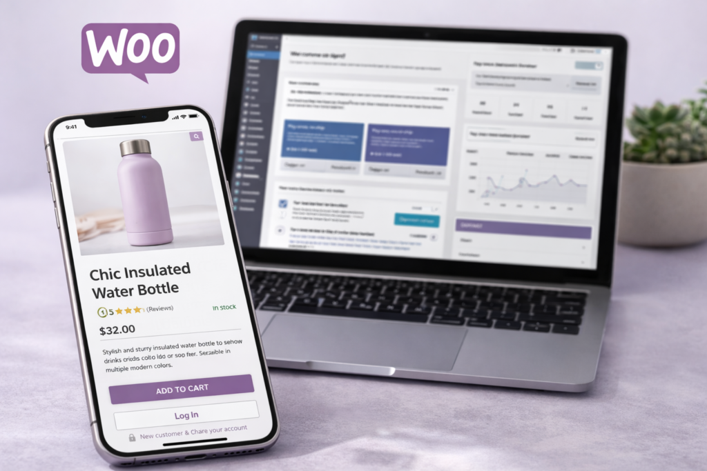WordPress and WooCommerce website design with product page and customer login shown on mobile and desktop devices