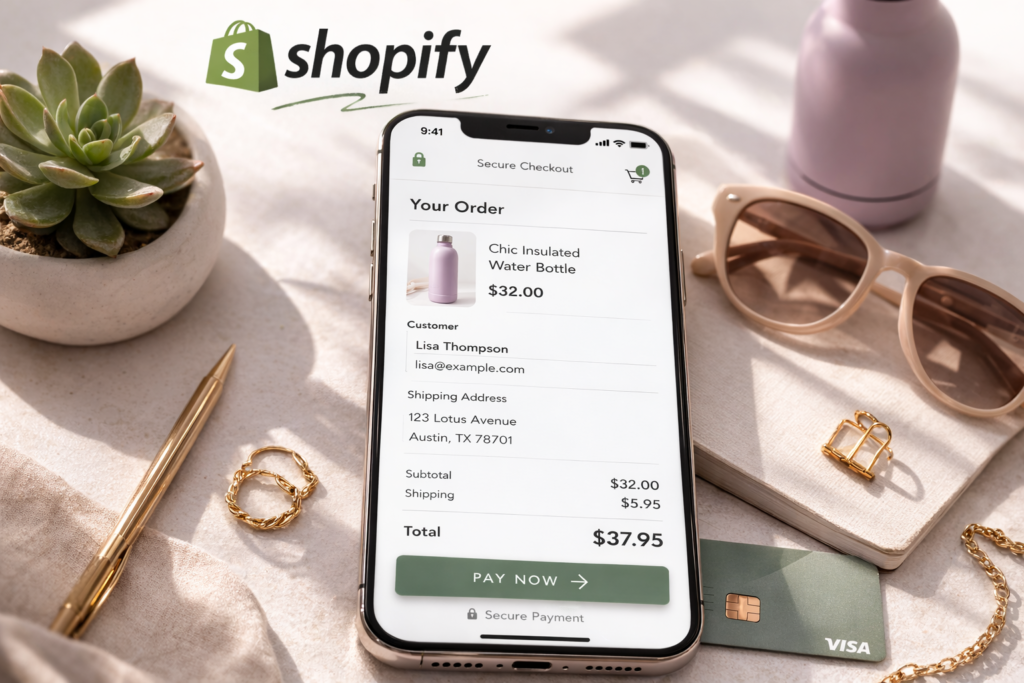 Shopify e-commerce store design with modern checkout page displayed on mobile device
